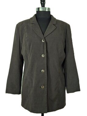 Jessica Petites Sz 12P Long Sueded Olive Green Jacket Blazer 4 Button FullyLined